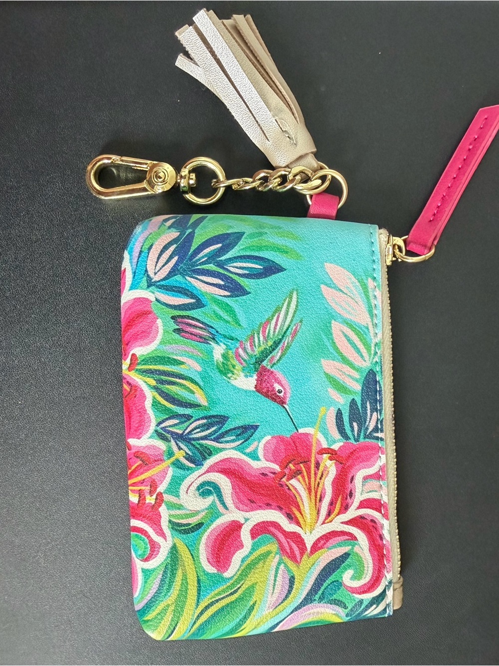 Turquoise Floral & Hummingbird Wristlet Key/Card Holder